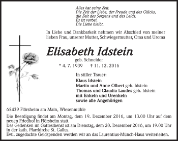 Traueranzeige von Elisabeth Idstein von Trauerportal Rhein Main Presse