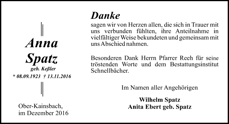  Traueranzeige für Anna Spatz vom 17.12.2016 aus Trauerportal Echo Online