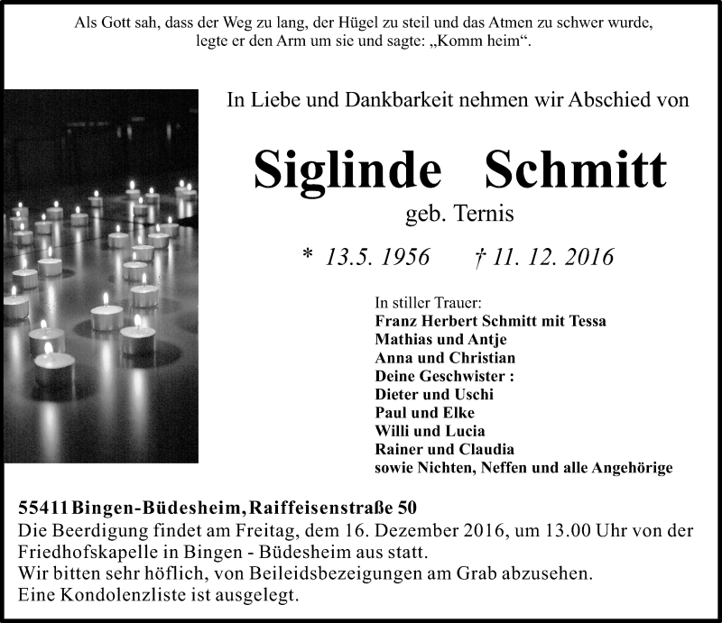  Traueranzeige für Siglinde Schmitt vom 13.12.2016 aus Trauerportal Rhein Main Presse