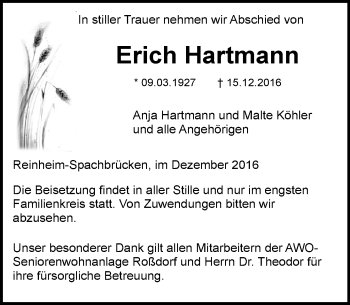 Traueranzeige von Erich Hartmann von Trauerportal Echo Online