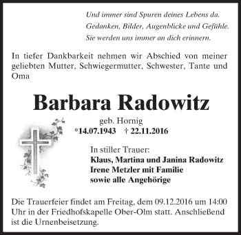 Traueranzeige von Barbara Radowitz von Trauerportal Rhein Main Presse