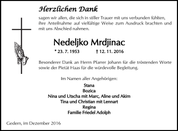 Traueranzeige von Nedeljko Mrdjinac von  Kreisanzeiger