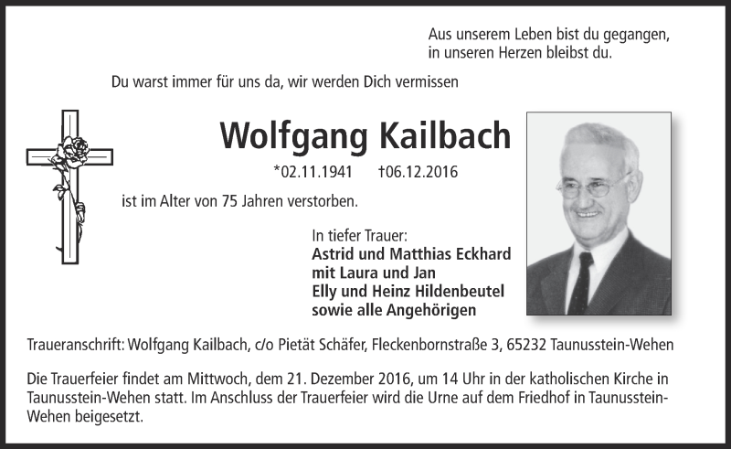 Traueranzeige für Wolfgang Kailbach vom 17.12.2016 aus Trauerportal Rhein Main Presse