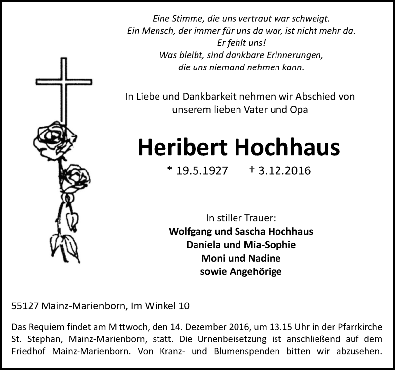  Traueranzeige für Heribert Hochhaus vom 10.12.2016 aus Trauerportal Rhein Main Presse