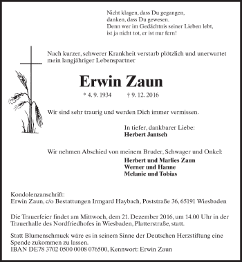 Traueranzeige von Erwin Zaun von Trauerportal Rhein Main Presse