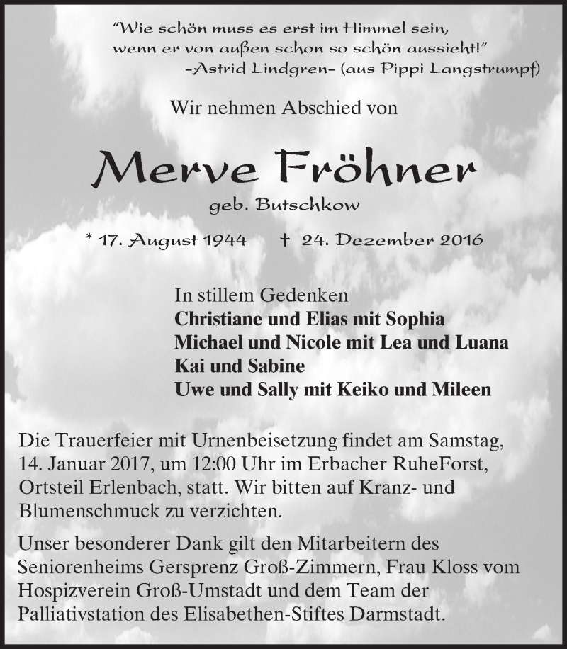  Traueranzeige für Merve Fröhner vom 31.12.2016 aus Trauerportal Echo Online
