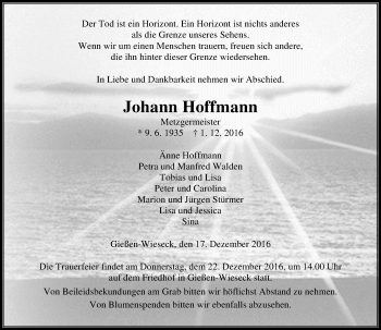 Traueranzeige von Johann Hoffmann von  Gießener Anzeiger