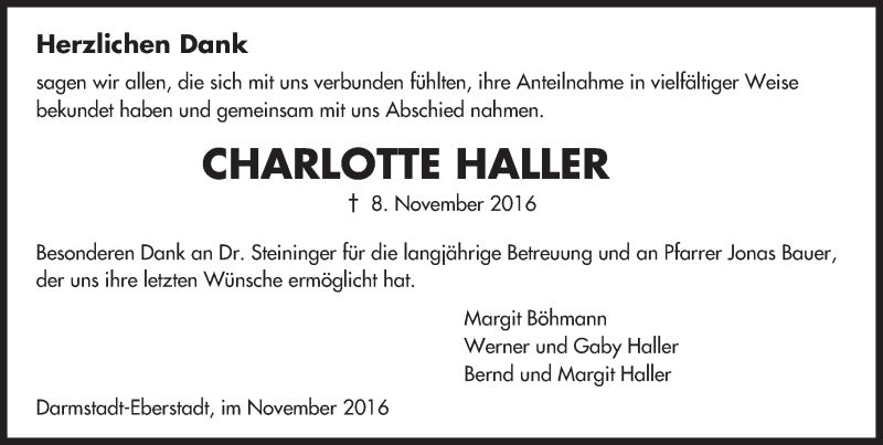  Traueranzeige für Charlotte Haller vom 03.12.2016 aus Trauerportal Echo Online