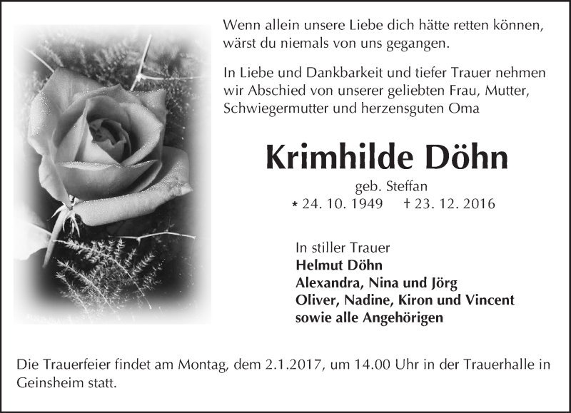  Traueranzeige für Krimhilde Döhn vom 30.12.2016 aus Trauerportal Echo Online