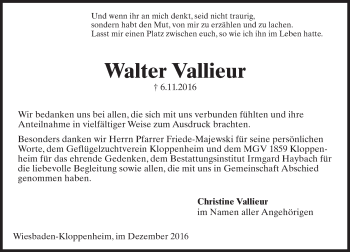 Traueranzeige von Walter Vallieur von Trauerportal Rhein Main Presse