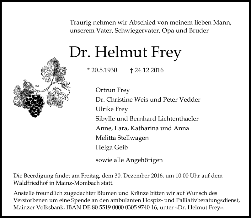  Traueranzeige für Helmut Frey vom 28.12.2016 aus Trauerportal Rhein Main Presse