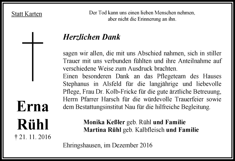  Traueranzeige für Erna Rühl vom 17.12.2016 aus VRM Trauer