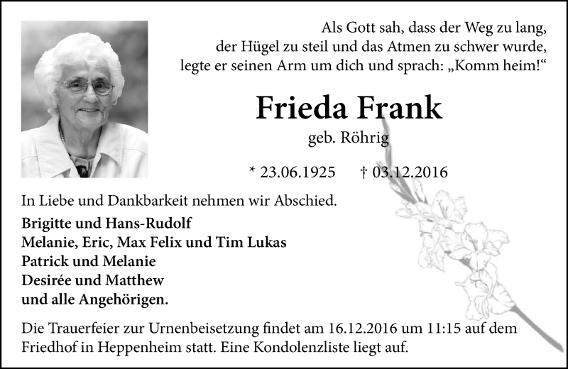 Traueranzeige für Frieda Frank vom 13.12.2016 aus Trauerportal Echo Online