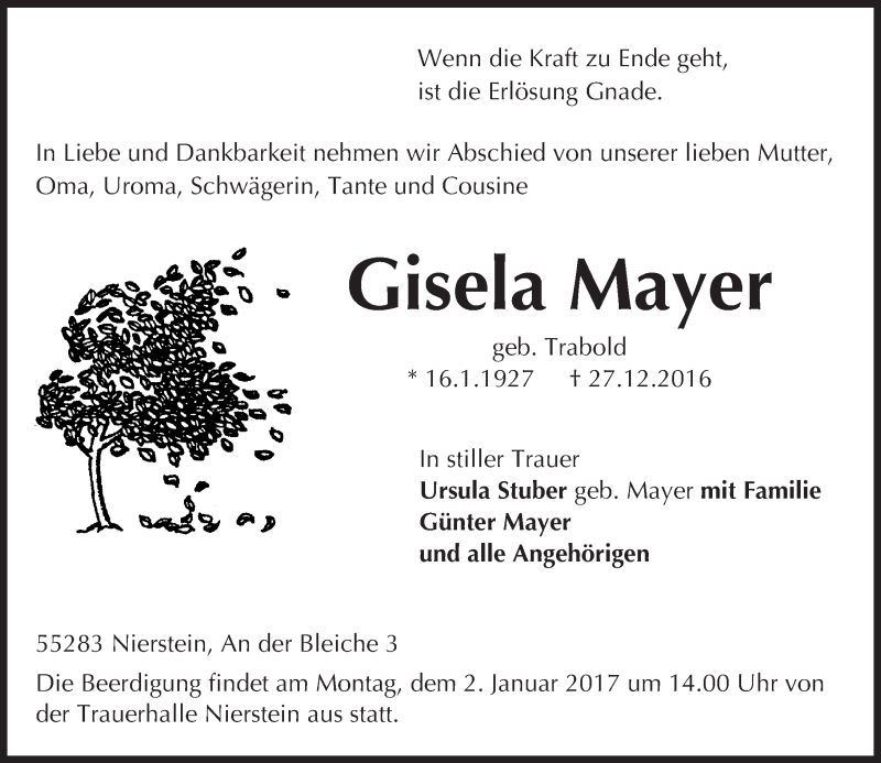  Traueranzeige für Gisela Mayer vom 30.12.2016 aus Trauerportal Rhein Main Presse
