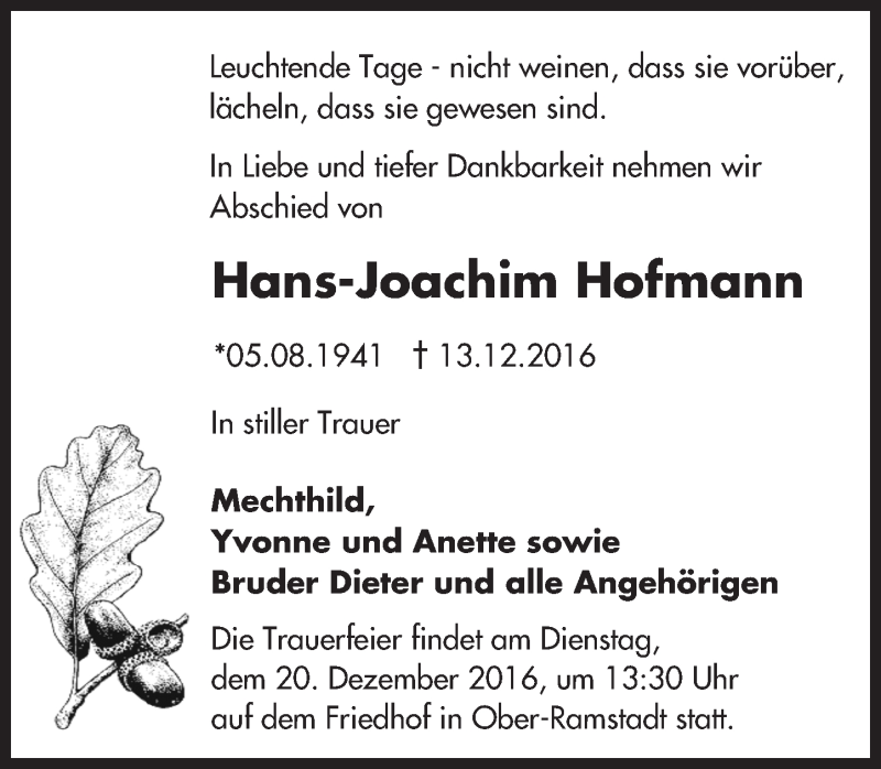  Traueranzeige für Hans-Joachim Hofmann vom 17.12.2016 aus Trauerportal Echo Online