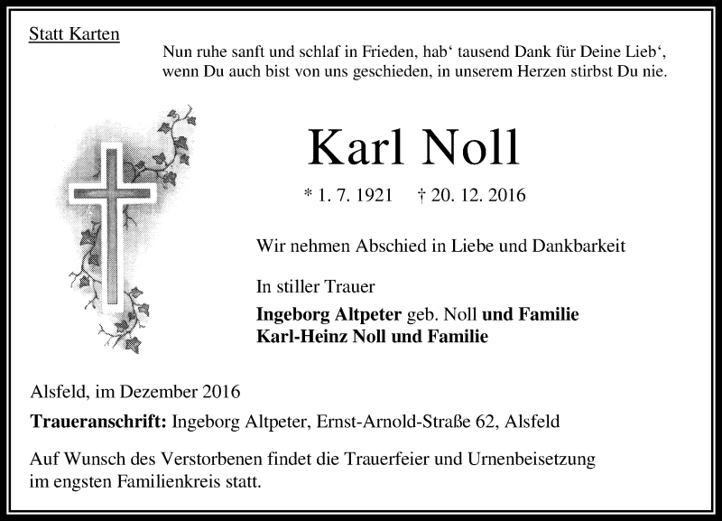  Traueranzeige für Karl Noll vom 24.12.2016 aus VRM Trauer