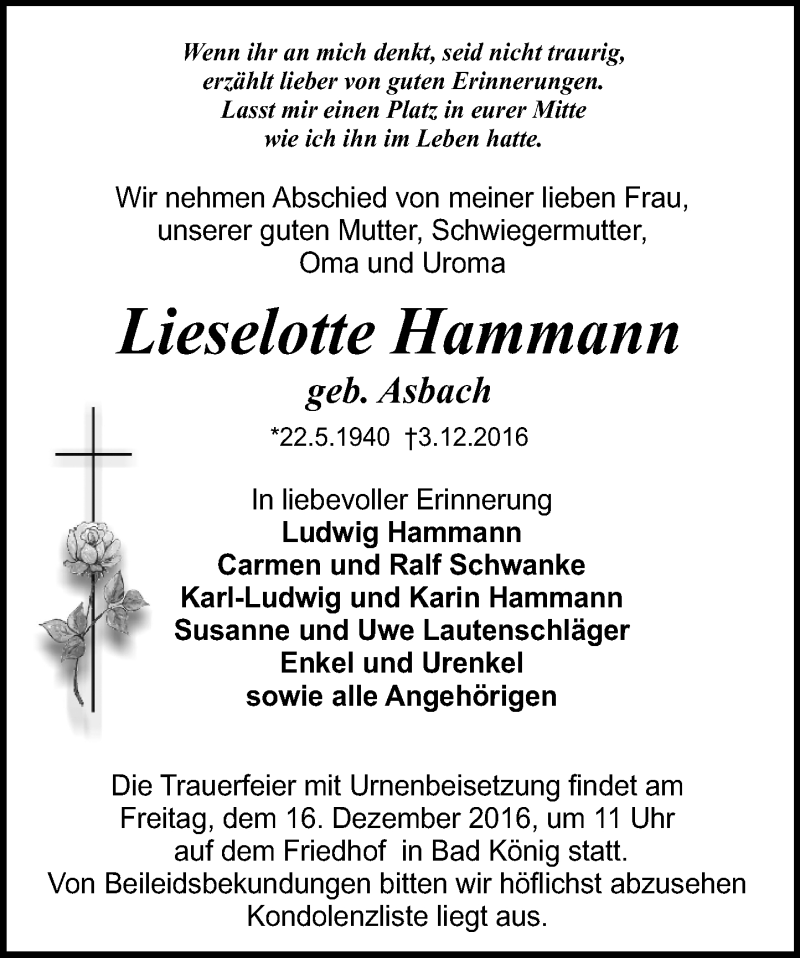  Traueranzeige für Lieselotte Hammann vom 14.12.2016 aus Trauerportal Echo Online