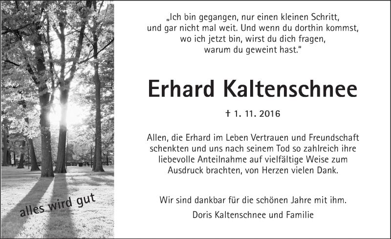  Traueranzeige für Erhard Kaltenschnee vom 17.12.2016 aus  Kreisanzeiger