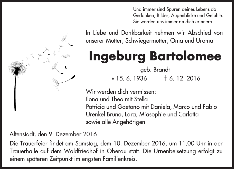  Traueranzeige für Ingeburg Bartolomee vom 09.12.2016 aus  Kreisanzeiger
