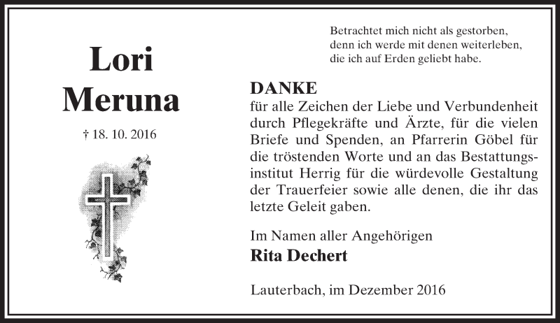  Traueranzeige für Lori Meruna vom 03.12.2016 aus VRM Trauer