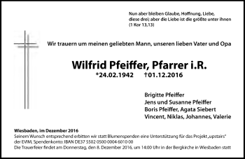 Traueranzeige von Wilfrid Pfeiffer von Trauerportal Rhein Main Presse
