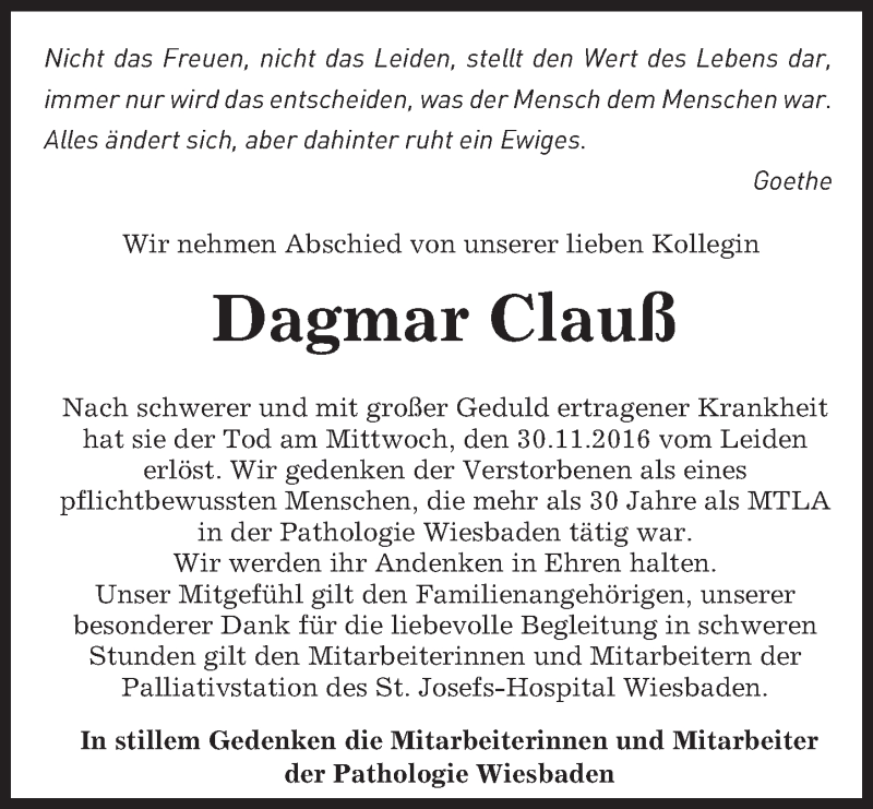  Traueranzeige für Dagmar Clauß vom 17.12.2016 aus Trauerportal Rhein Main Presse