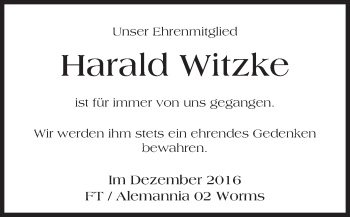 Traueranzeige von Harald Witzke von Trauerportal Rhein Main Presse