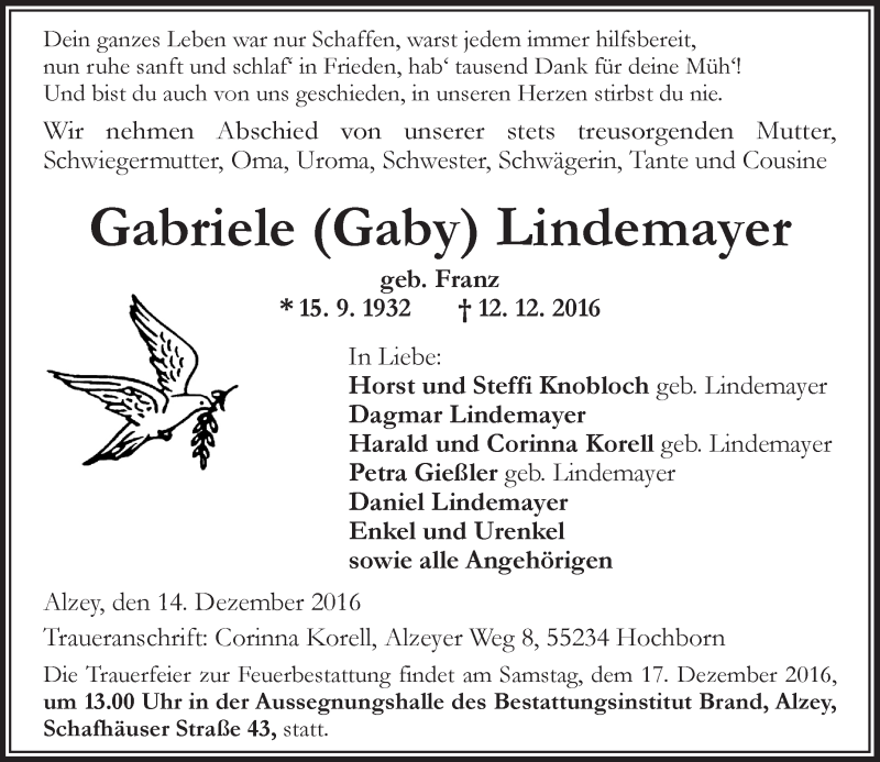  Traueranzeige für Gabriele Lindemayer vom 14.12.2016 aus Trauerportal Rhein Main Presse