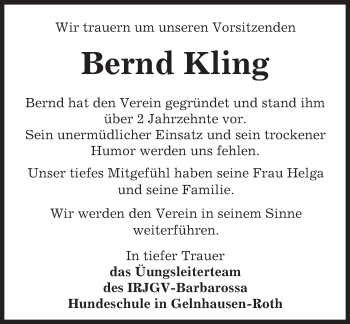 Traueranzeige von Bernd Kling von  Gelnhäuser Tageblatt