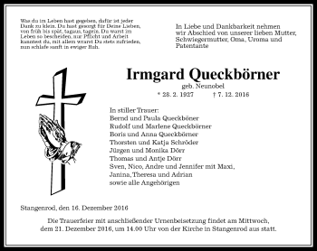 Traueranzeige von Irmgard Queckbörner von  Gießener Anzeiger