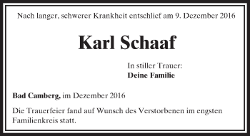 Traueranzeige von Karl Schaaf von  Camberger Anzeiger