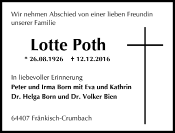 Traueranzeige von Lotte Poth von Trauerportal Echo Online