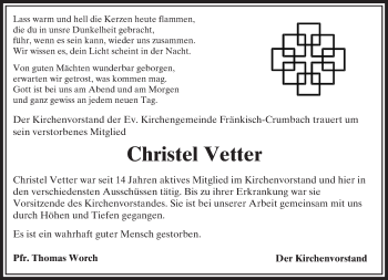 Traueranzeige von Christel Vetter von Trauerportal Echo Online