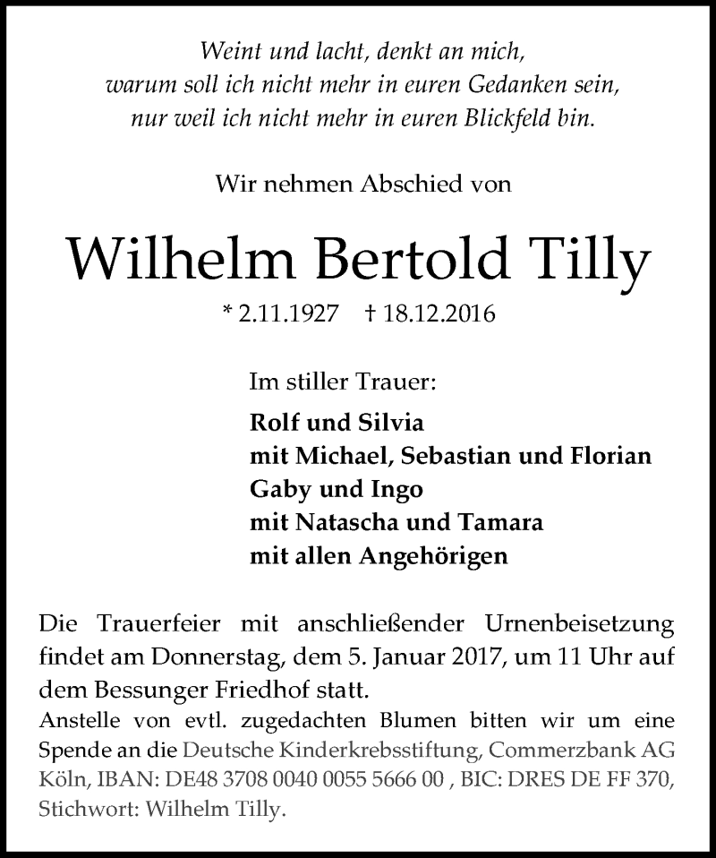 Traueranzeige für Wilhelm Bertold Tilly vom 24.12.2016 aus Trauerportal Echo Online