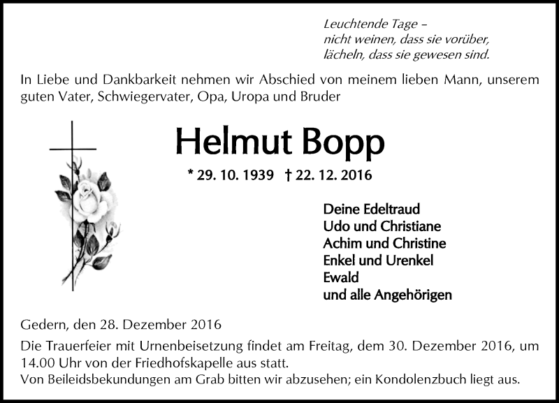  Traueranzeige für Helmut Bopp vom 28.12.2016 aus  Kreisanzeiger