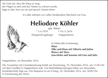 Traueranzeige von Heliodore Köhler von Trauerportal Echo Online