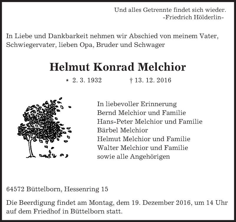  Traueranzeige für Helmut Konrad Melchior vom 17.12.2016 aus Trauerportal Echo Online