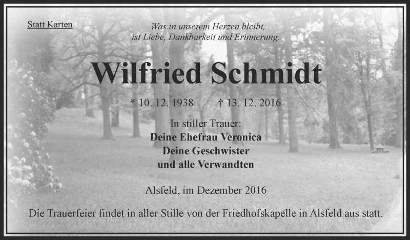  Traueranzeige für Wilfried Schmidt vom 28.12.2016 aus VRM Trauer