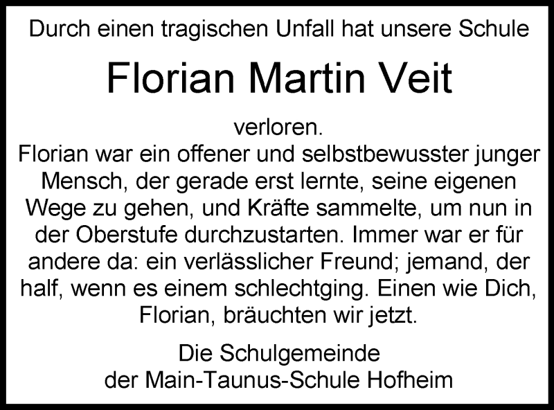  Traueranzeige für Florian Martin Veit vom 20.12.2016 aus Trauerportal Rhein Main Presse