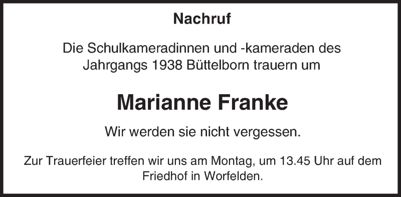  Traueranzeige für Marianne Franke vom 09.12.2016 aus Trauerportal Echo Online