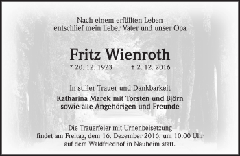 Traueranzeige von Fritz Wienrotte von Trauerportal Echo Online