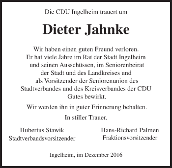 Traueranzeige von Dieter Jahnke von Trauerportal Rhein Main Presse