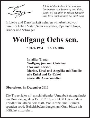 Traueranzeige von Wolfgang Ochs von  Camberger Anzeiger