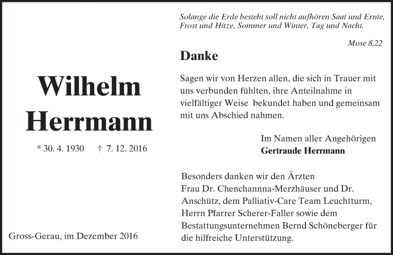  Traueranzeige für Wilhelm Herrmann vom 30.12.2016 aus Trauerportal Echo Online
