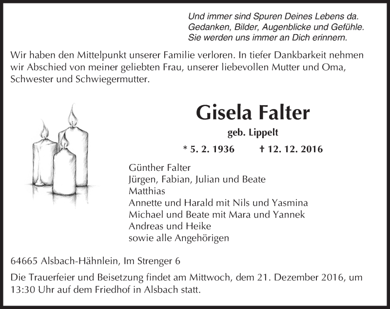  Traueranzeige für Gisela Falter vom 17.12.2016 aus Trauerportal Echo Online