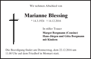Traueranzeige von Marianne Blessing von Trauerportal Echo Online