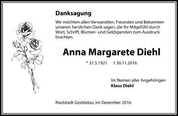 Traueranzeige von Anna Margarete Diehl von Trauerportal Echo Online