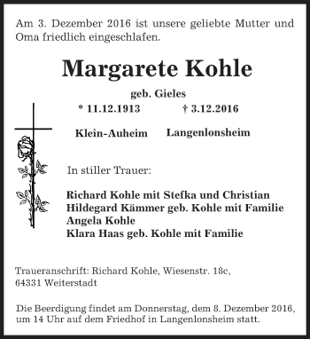 Traueranzeige von Margarete Kohle von Trauerportal Echo Online