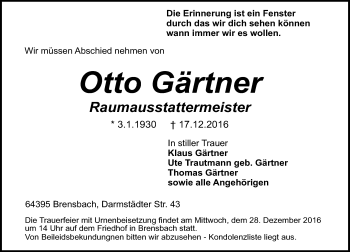Traueranzeige von Otto Gärtner von Trauerportal Echo Online
