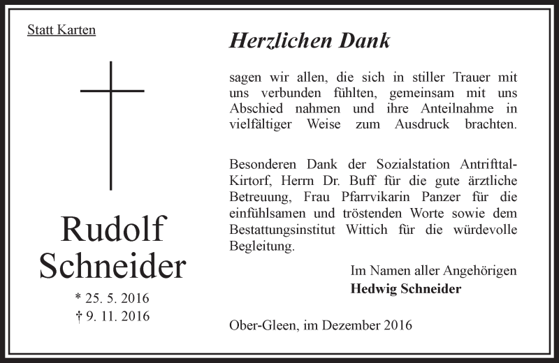  Traueranzeige für Rudolf Schneider vom 10.12.2016 aus VRM Trauer